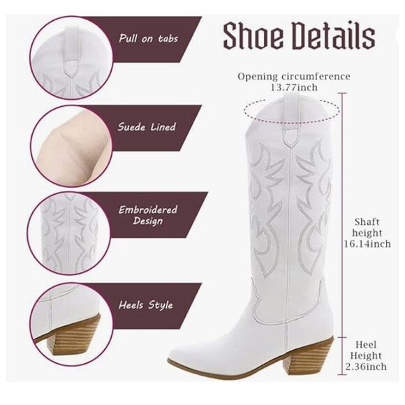 White Cowgirl Boots Embroidered Pull-On Chunky Stacked Heel Knee High SIZE 7 - Picture 2 of 6